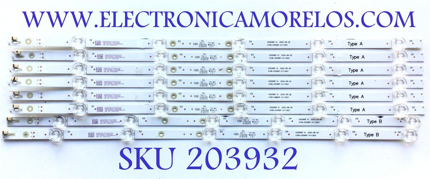 KIT DE LEDS PARA TV SHARP (8 PZ) / NUMERO DE PARTE 4708-K55WDF-A1113N31 / 471R1P79 / 110605-02212001 / K550WDF 21A214 / YD-211113-3210B834 / PANEL 75120R550-KTC-G / MODELO 4T-C55DL7UR / 100012586 55"